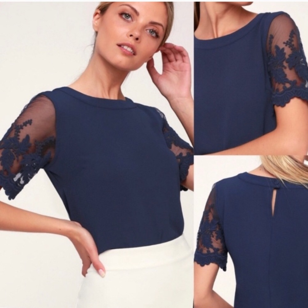 Lulus Lisa Marie Navy Lace Embroidered Top